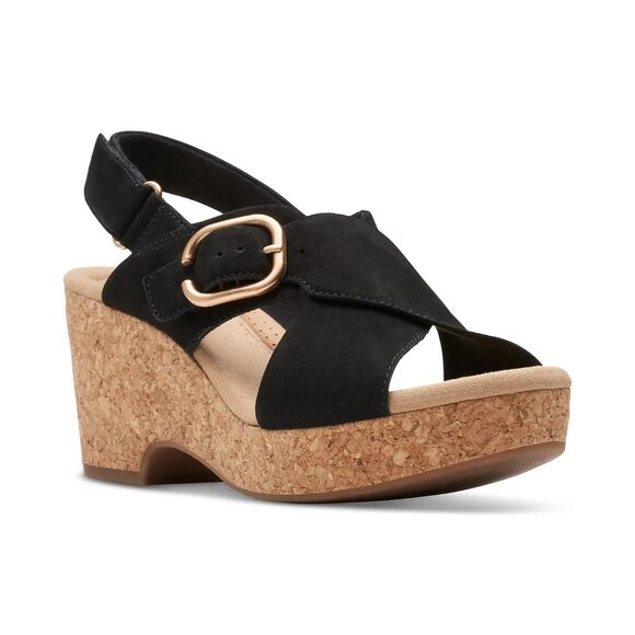 Clarks Womens Giselle Dove Wedge Sandals Black Nubuck 7.5 MSRP $99 - Picture 1 of 5